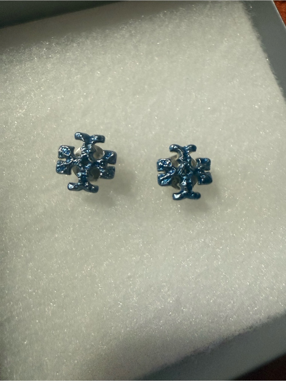 Tory Burch Metallic Blue Logo Stud Earrings
